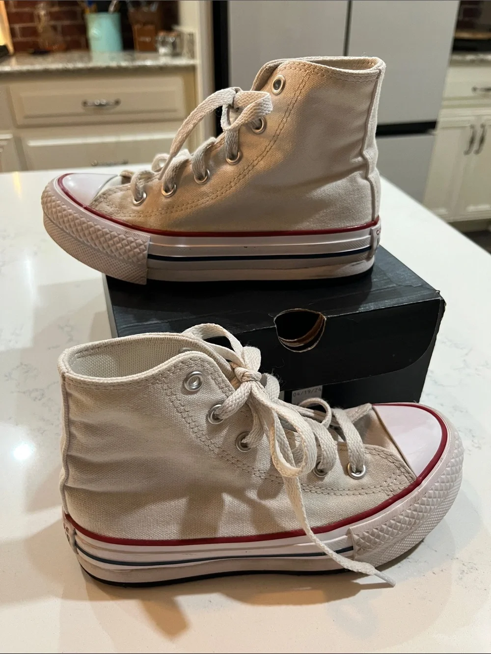 Converse High Top Sneakers - Cream with Red & Blue Trim